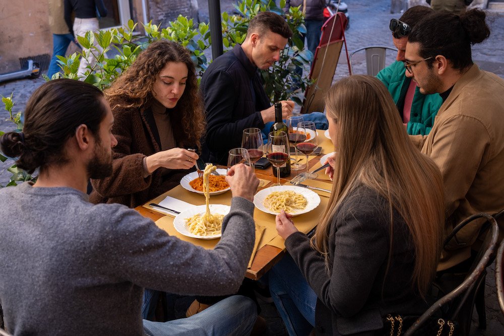 Enjoying fettuccine in autumn