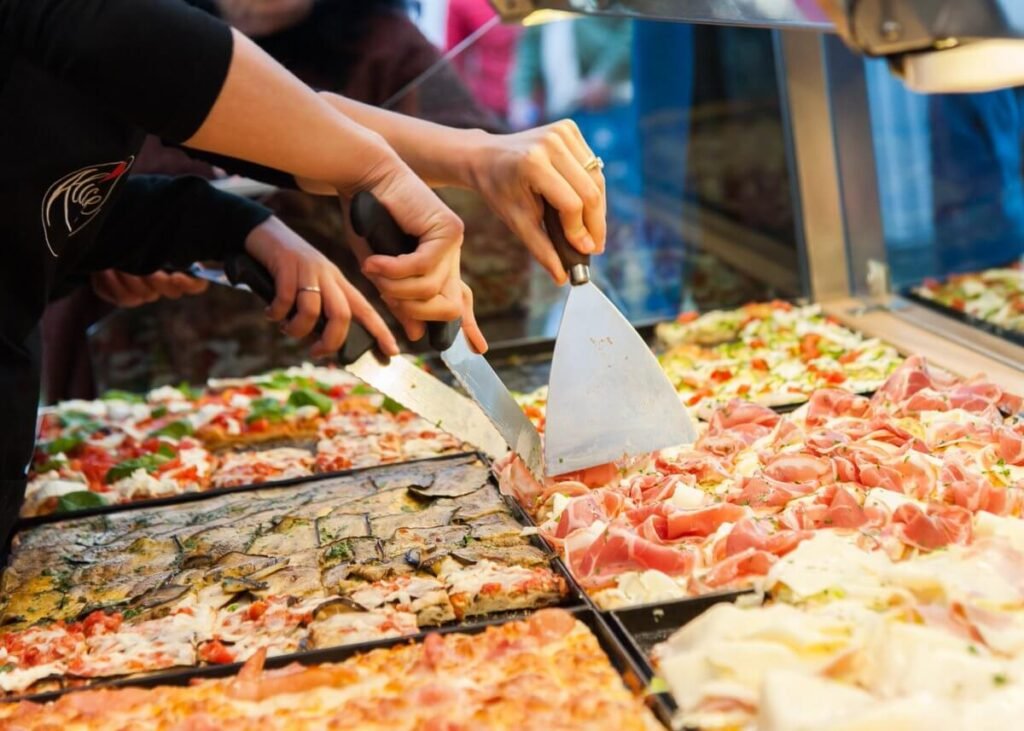 Freshly baked Roman pizza with toppings