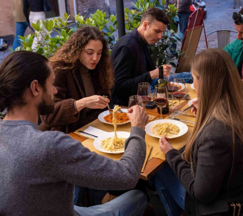 Tour group enjoying a meal in Trastevere