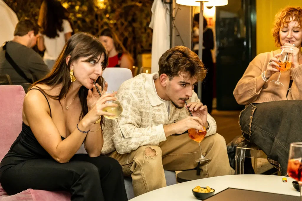 Travelers enjoying food and conversation at dining event during Rome Tipsy Tour