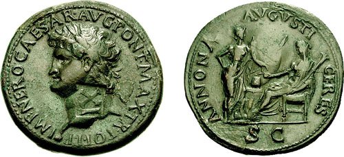 Roman coin from 66 AD showing the emperor Nero alongside symbols of abundance. On one side is Nero, crowned with a garland. On the other, Ceres and Annona celebrate the grain harvest with a horn of plenty, grain stalks, and a ship’s stern — reminders of Rome’s lifeline of food and gratitude.