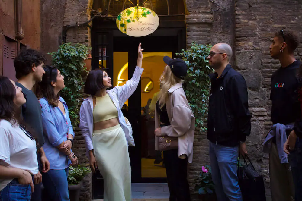 Rome Food Tour group outside Spirito di Vino one of the best restaurants in Trastevere