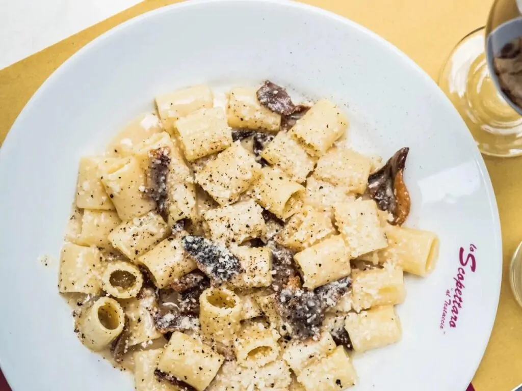 Close-up of a Gricia Recipe from the La Scapettara restaurant in the Testaccio district of Rome.