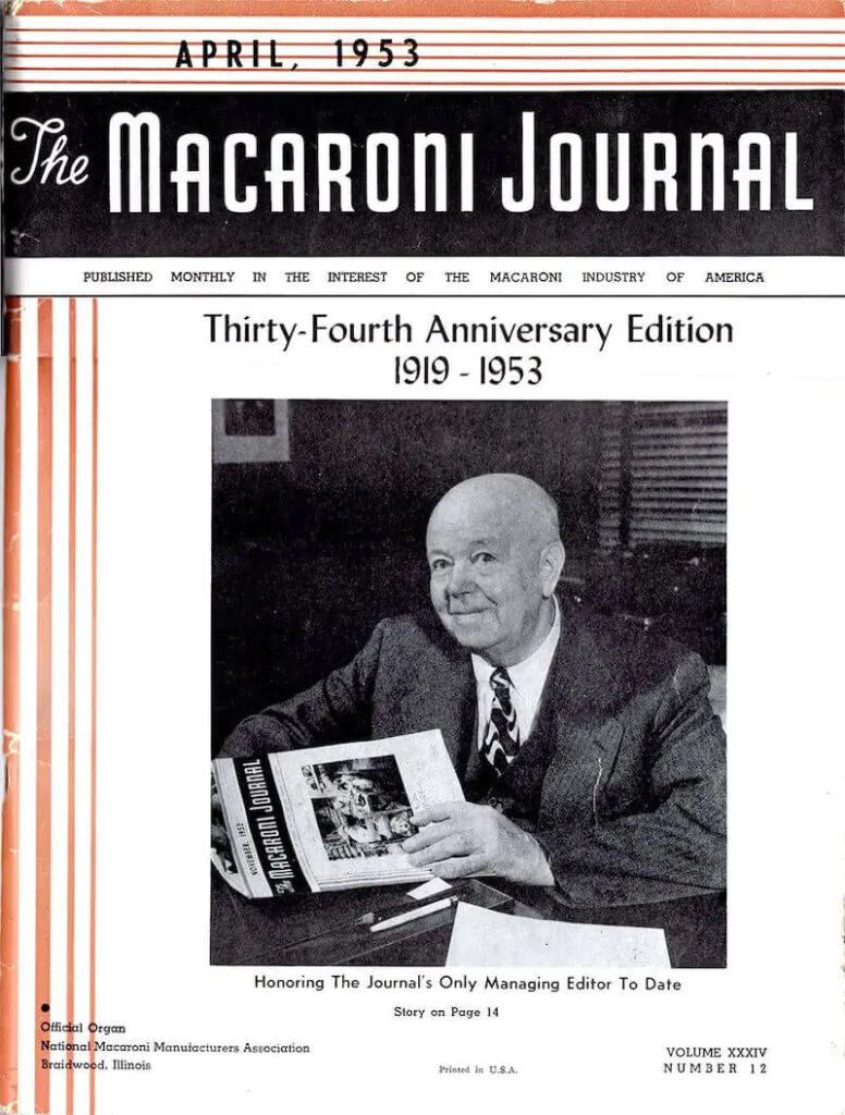 Front cover fo the Macaroni Journal, the source of the story about Marco Polo bringing pasta to Italy